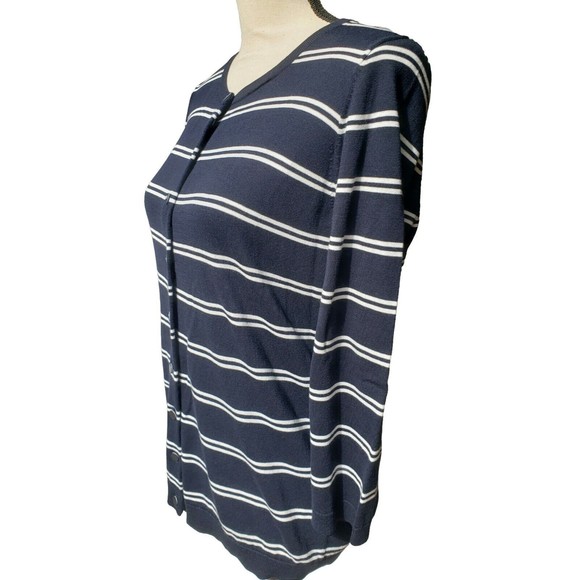 Womens Sweater TALBOTS White &Blue Striped Cotton Knit Cardigan 3/4 Slv Sz Small - Picture 3 of 8